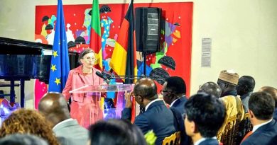 Ambassador Corinna Fricke delivering a speech at the 34th German National Day reception at the National Museum in Yaounde